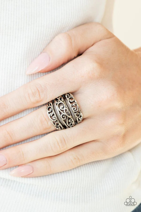 Frilled To Be Here Silver Filigree Ring Paparazzi R0126