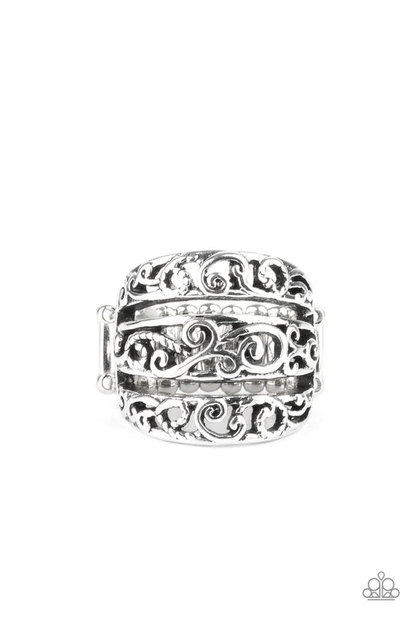 Frilled To Be Here Silver Filigree Ring Paparazzi R0126