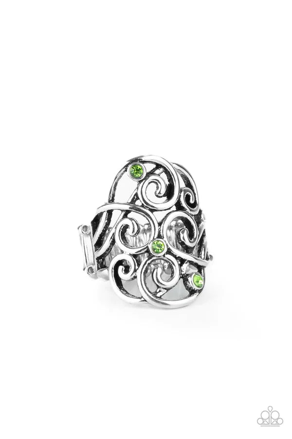 Frill Out Green Rhinestone Filigree Ring Paparazzi R0047