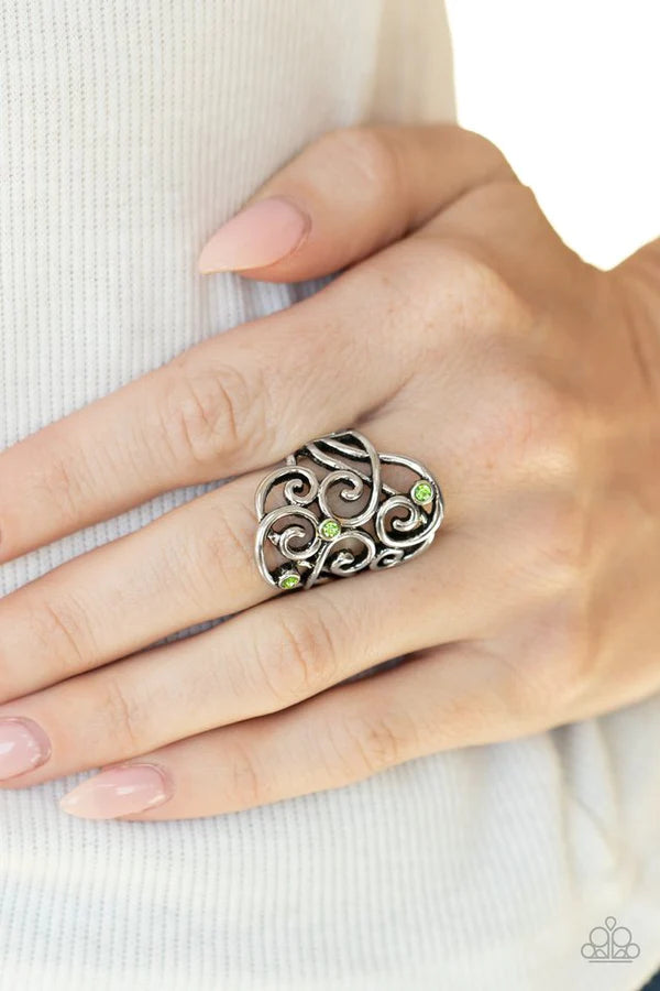 Frill Out Green Rhinestone Filigree Ring Paparazzi R0047