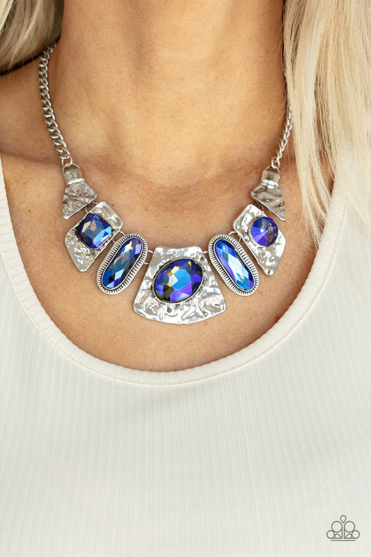 Futuristic Fashionista Blue French Gem Silver Hammered Necklace Paparazzi N1974