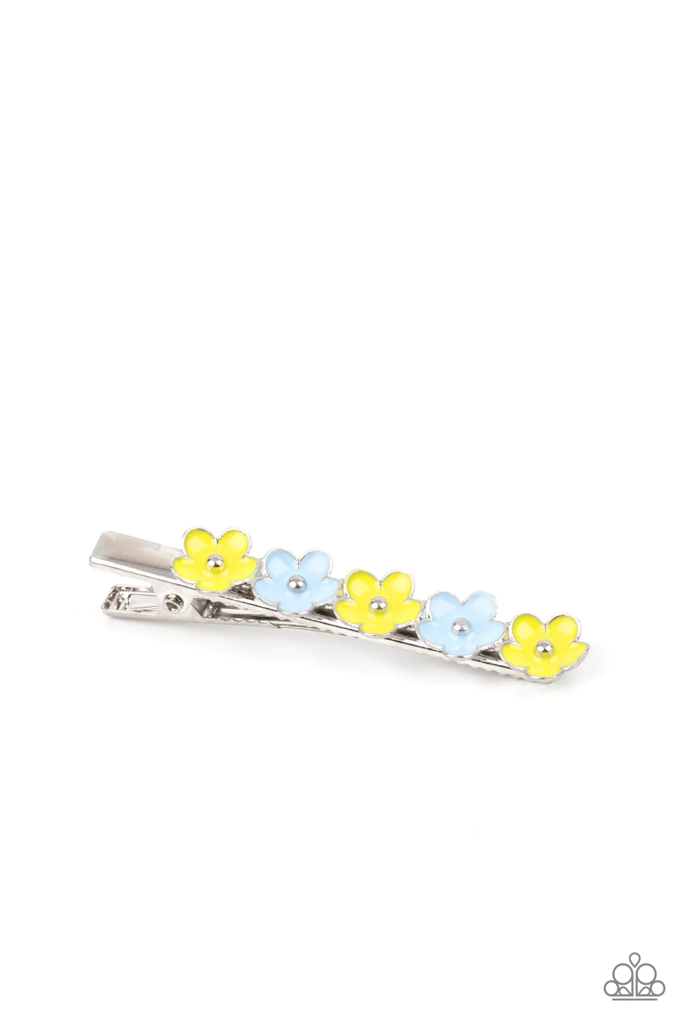 Flower Patch Flirt Multi Color Yellow Blue Flower Silver Hair Clip Paparazzi H0108