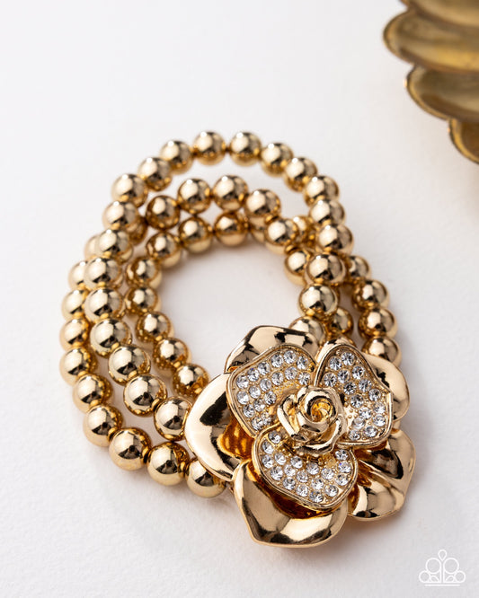 Paparazzi Blooming Background Gold Flower Stretch Bracelet Life Of The Party December 2025