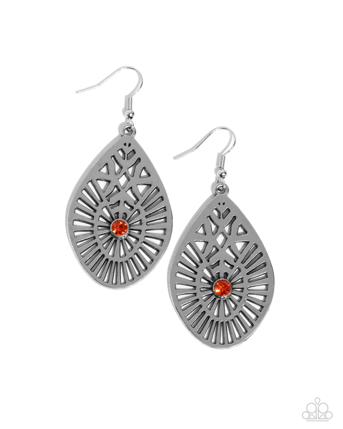 Modern Mural Orange Rhinestone Silver Teardrop Earring Paparazzi E2181