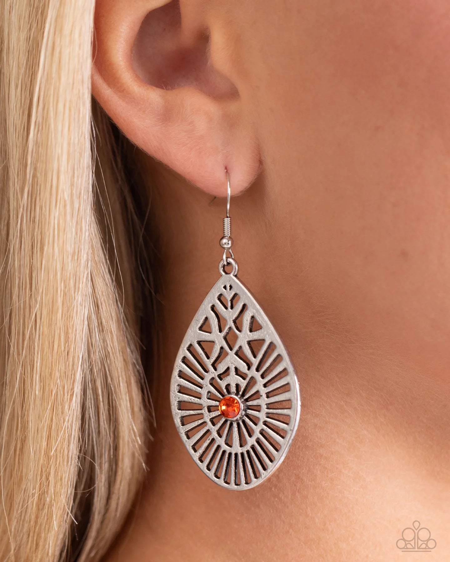 Modern Mural Orange Rhinestone Silver Teardrop Earring Paparazzi E2181