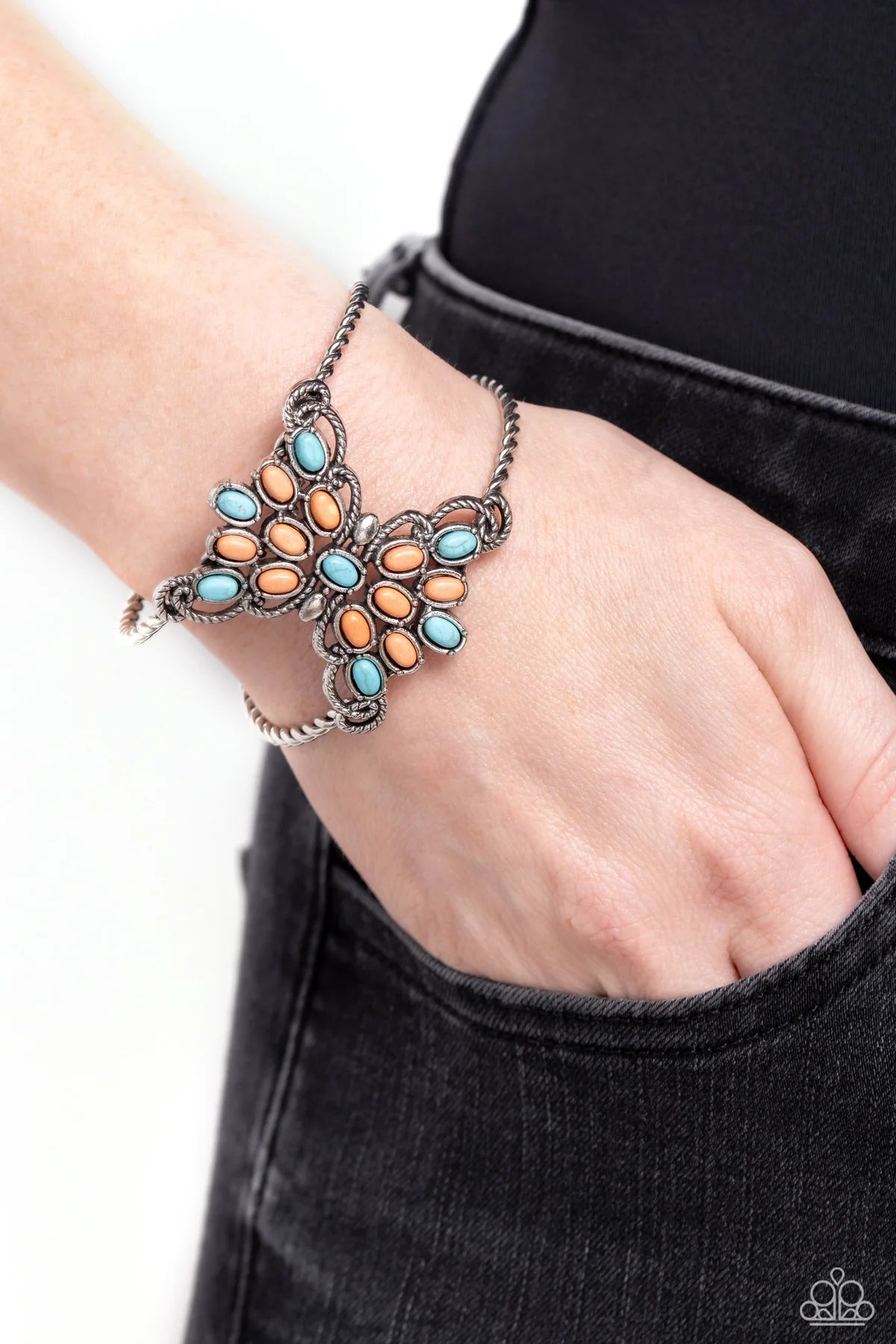 Paparazzi Pleasantly Plains - Multi Turquoise & Orange Stone Silver Cuff Santa Fe Style Bracelet B2570
