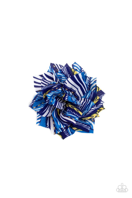 Sonic BLOOM - Blue Stiped Yellow, White Chiffon Petals Hair Flower Clip Paparazzi H0131