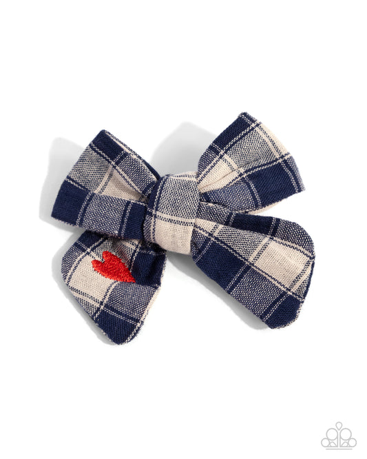 Plaid Picnic - Blue & White Plaid Bow With Red Heart Accent Hairclip Paparazzi H0143