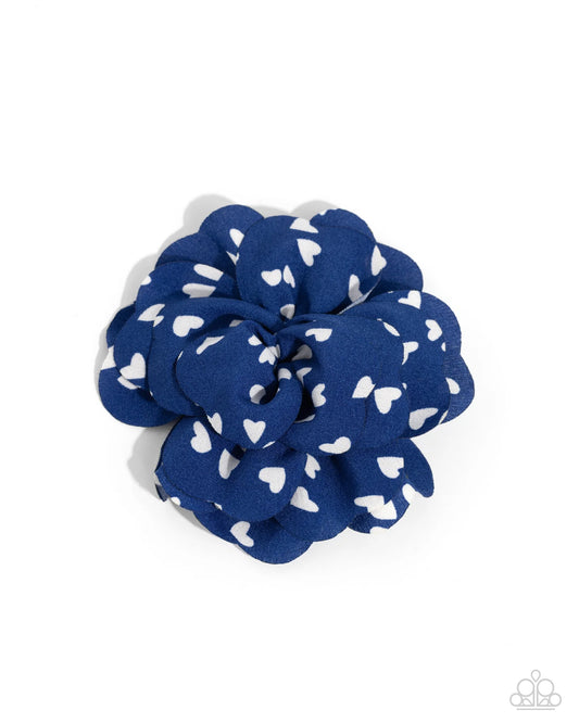 Cupid's Garden Blue & White Heart Fabric Hair Flower Clip Paparazzi H0160