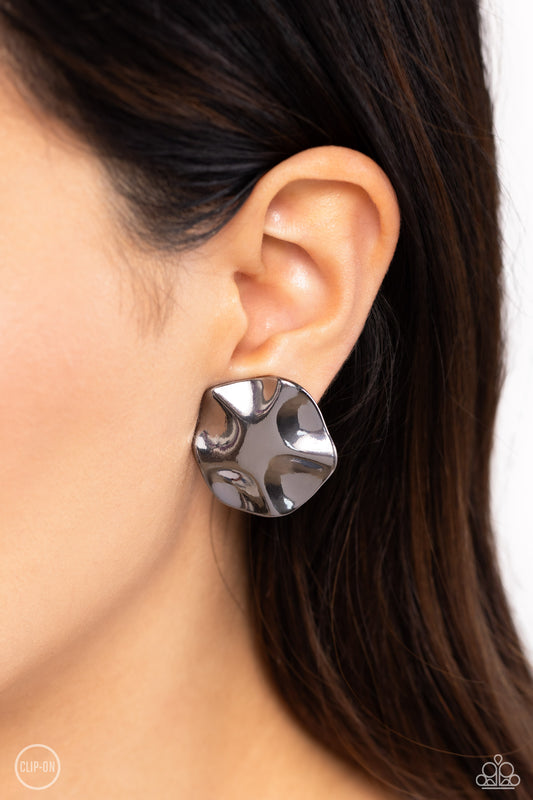 Destination Unknown - Black Gunmetal Wavy Clip On Earrings Paparazzi E1904