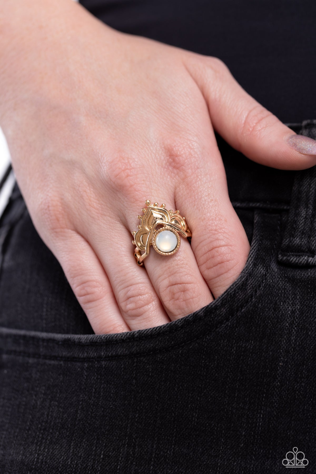 Paparazzi Lotus Solstice - Gold Lotus-Like Petal & White Opal Bead Ring