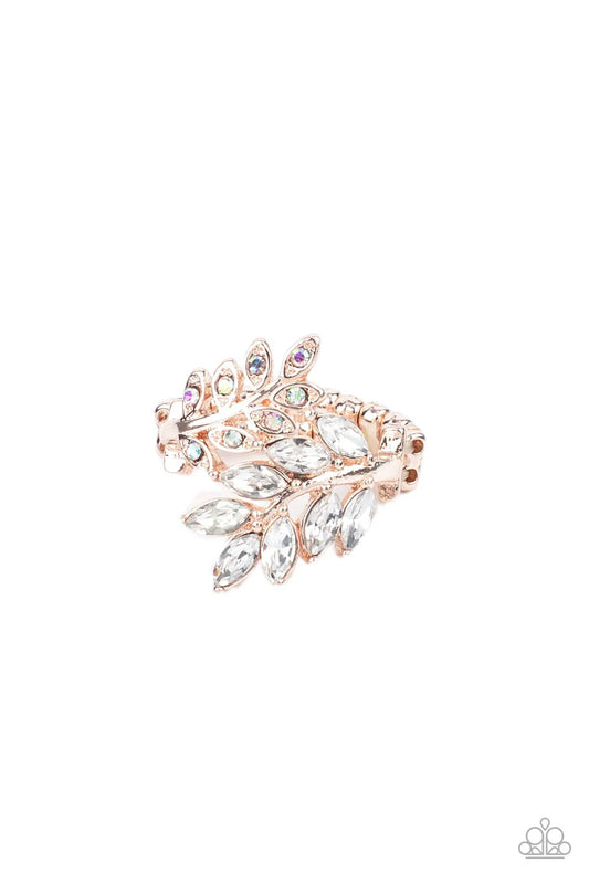 Paparazzi Glowing Gardenista - Rose Gold Iridescent & White Rhinestone Floral Ring R1242