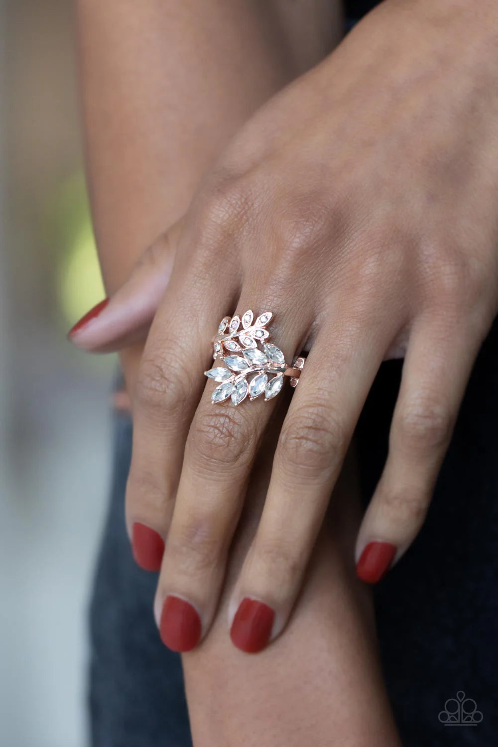 Paparazzi Glowing Gardenista - Rose Gold Iridescent & White Rhinestone Floral Ring R1242