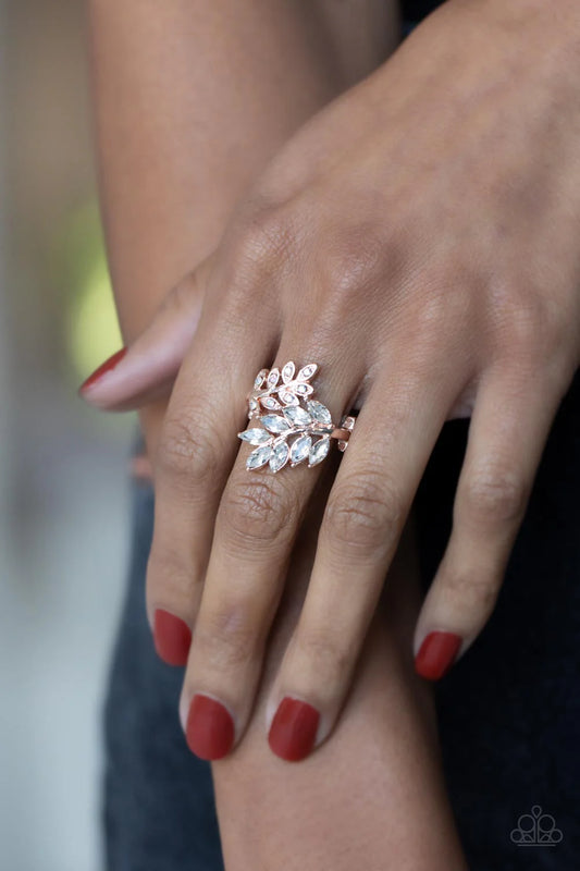 Paparazzi Glowing Gardenista - Rose Gold Iridescent & White Rhinestone Floral Ring R1242