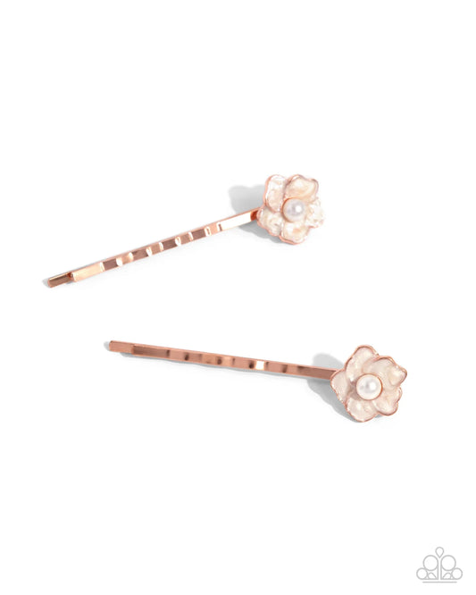 Really GROWING Places - Copper - Shiny Copper Flower White Pearl Hair Clips - Paparazzi H0222