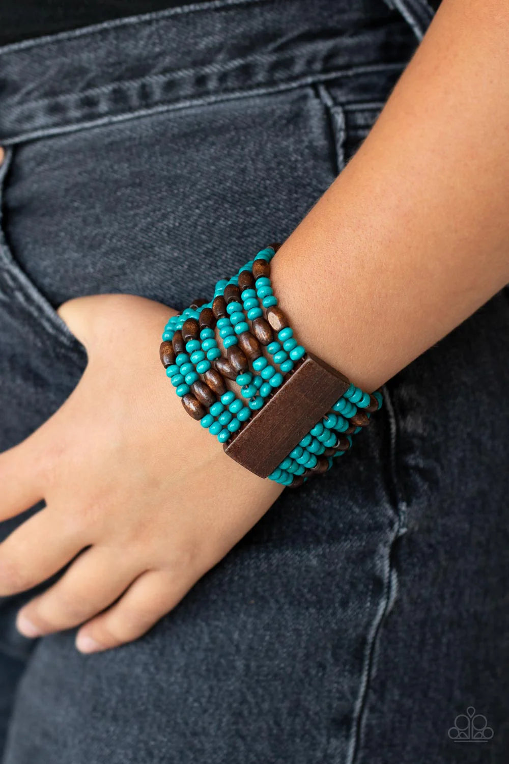 Paparazzi Tropical Nirvana - Blue Turquoise & Brown Wooden Bead Stretch Bracelet B2685