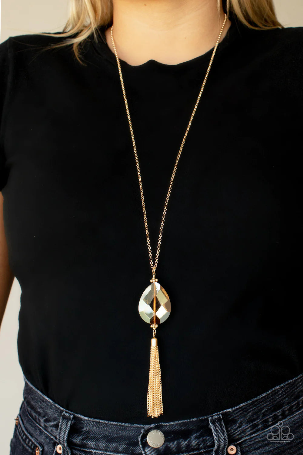 Interstellar Solstice Gold Iridescent Gem Tassel Necklace Paparazzi N1630