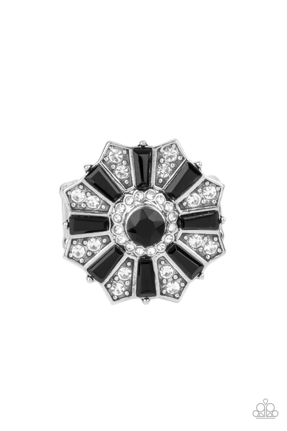 Sensational Splendor - Black Accent & White Rhinestone Floral Ring Paparazzi R0688