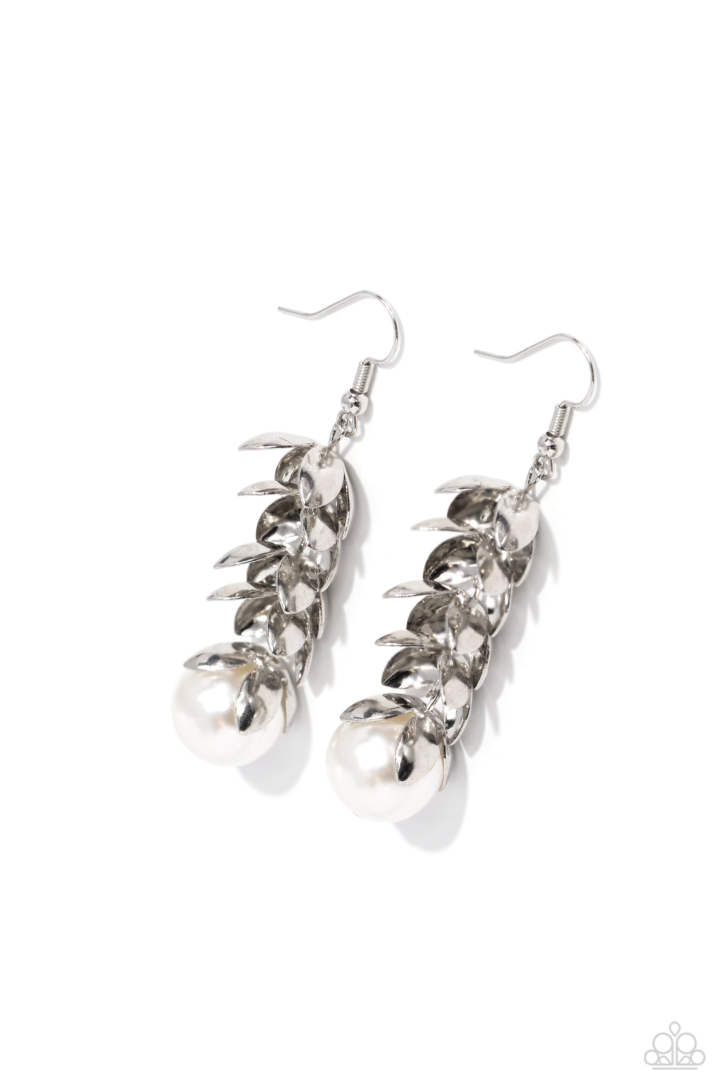 Ocean FROND Property - White Pearl Silver Leaf Tassel Earring Paparazzi E2203