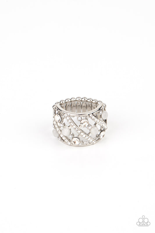 Bubbles for Brunch - White Opaque Rhinestone & White Cat's Eye Stone Ring Paparazzi