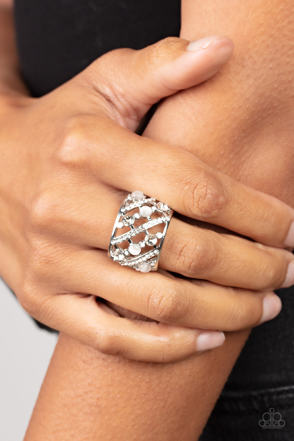 Bubbles for Brunch - White Opaque Rhinestone & White Cat's Eye Stone Ring Paparazzi