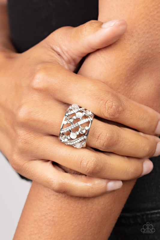 Bubbles for Brunch - White Opaque Rhinestone & White Cat's Eye Stone Ring Paparazzi