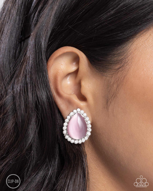 Downright Demure - Pink Cat's Eye Stone & White Rhinestone Clip-On Earring Paparazzi E2702