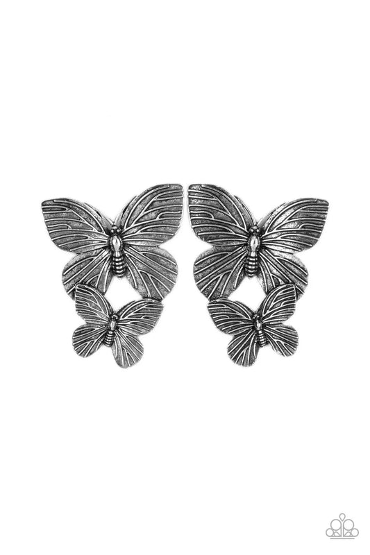 Paparazzi Blushing Butterflies - Silver Double Butterfly Post Earrings E3174