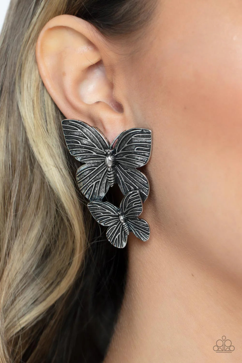 Paparazzi Blushing Butterflies - Silver Double Butterfly Post Earrings E3174