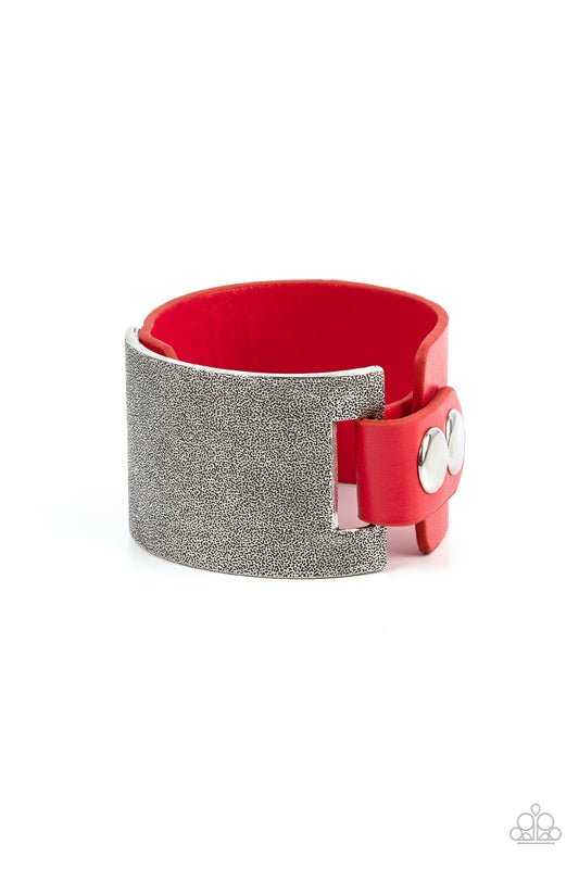 Studded Synchronism - Red Leather & Silver Antiqued Texture Band Snap Bracelet Paparazzi B2161