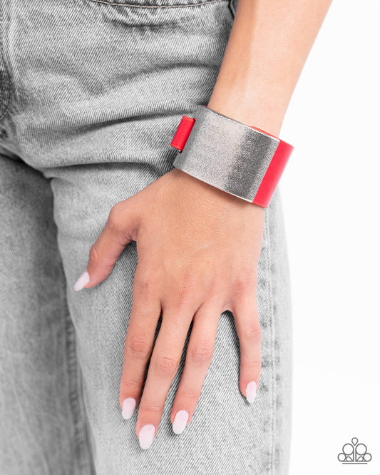 Studded Synchronism - Red Leather & Silver Antiqued Texture Band Snap Bracelet Paparazzi B2161