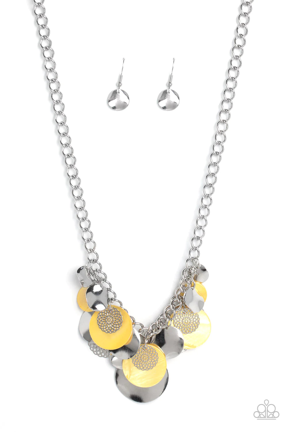 Oceanic Opera Yellow Shell-Like & Silver Disc Necklace Paparazzi N1528