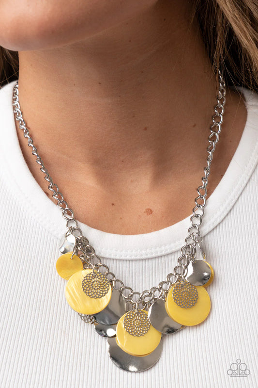 Oceanic Opera Yellow Shell-Like & Silver Disc Necklace Paparazzi N1528