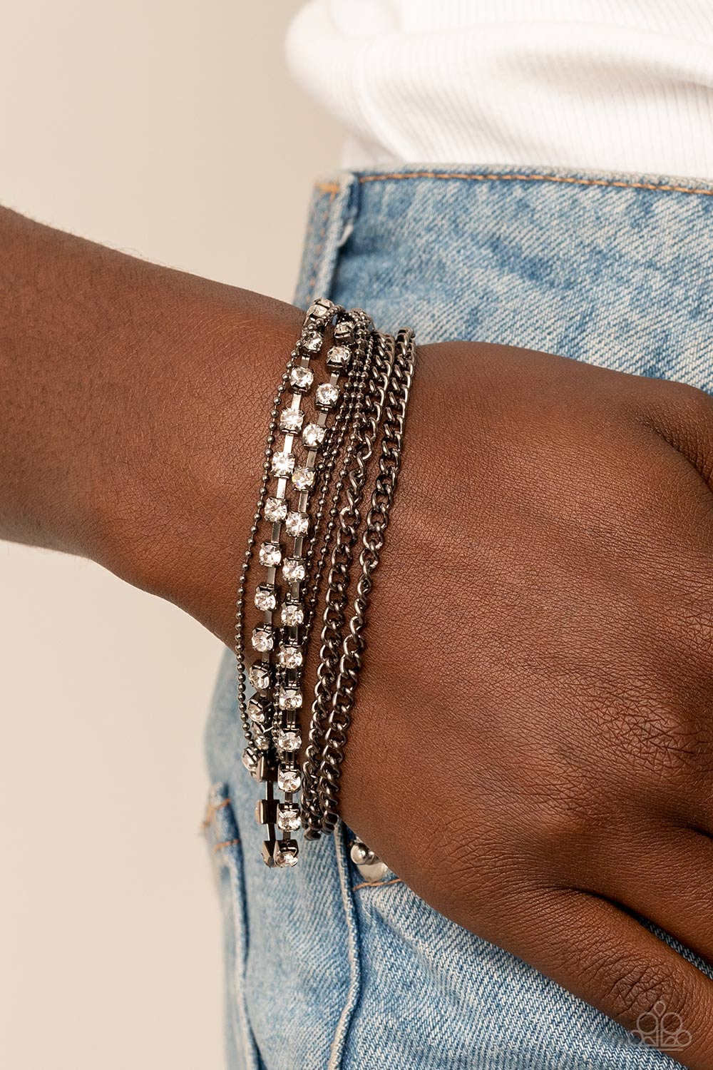 Paparazzi Secretly Sassy - Black Gunmetal Chains & White Rhinestone Bracelet