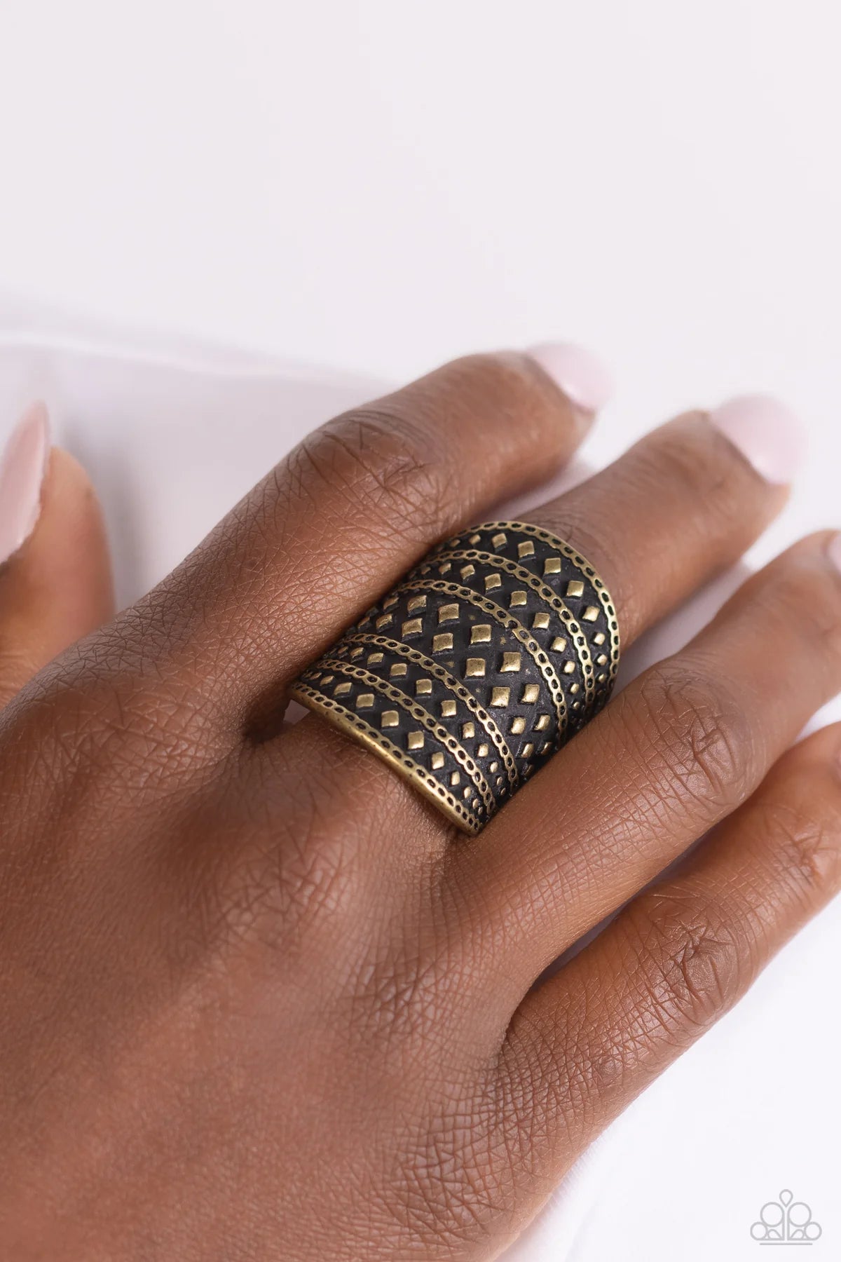 Diamondback Bravado Antiqued Brass Studded Texture Ring Paparazzi R0743