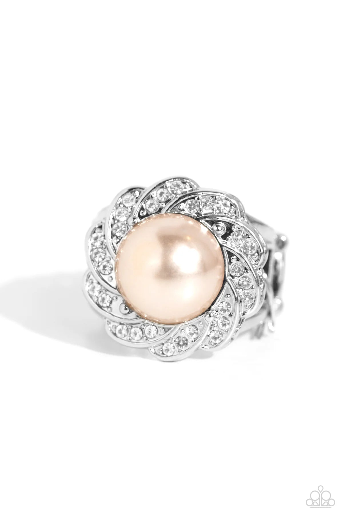 Paparazzi Storybook Ending Brown Pearl & White Rhinestone Floral Ring R1279