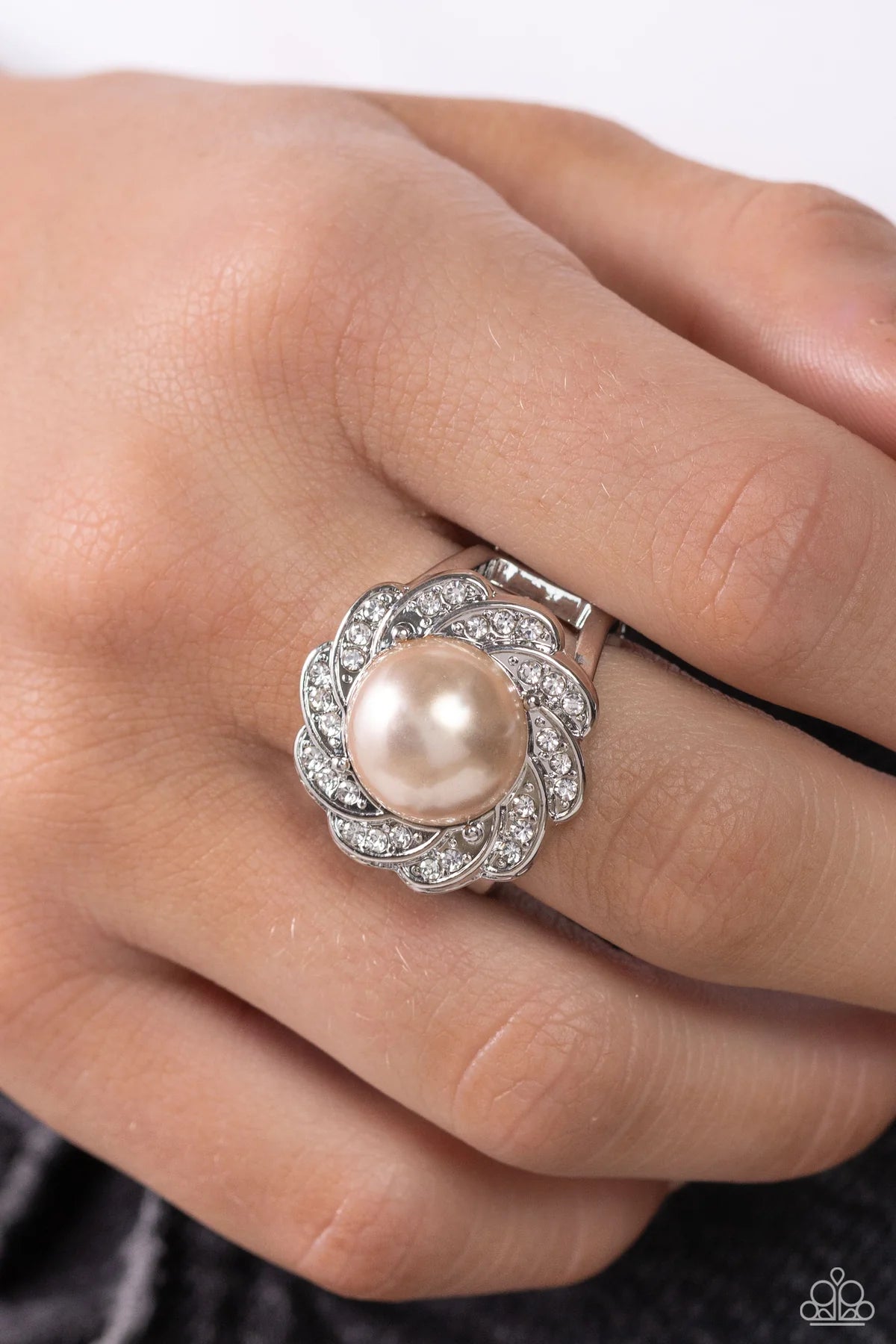 Paparazzi Storybook Ending Brown Pearl & White Rhinestone Floral Ring R1279