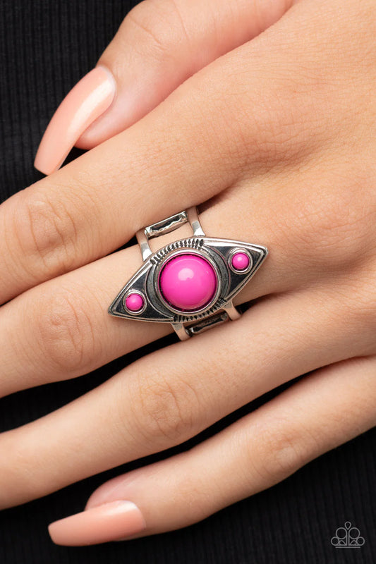 Pivoting Point Pink Fuchsia Fedora Bead Ring Paparazzi R0454