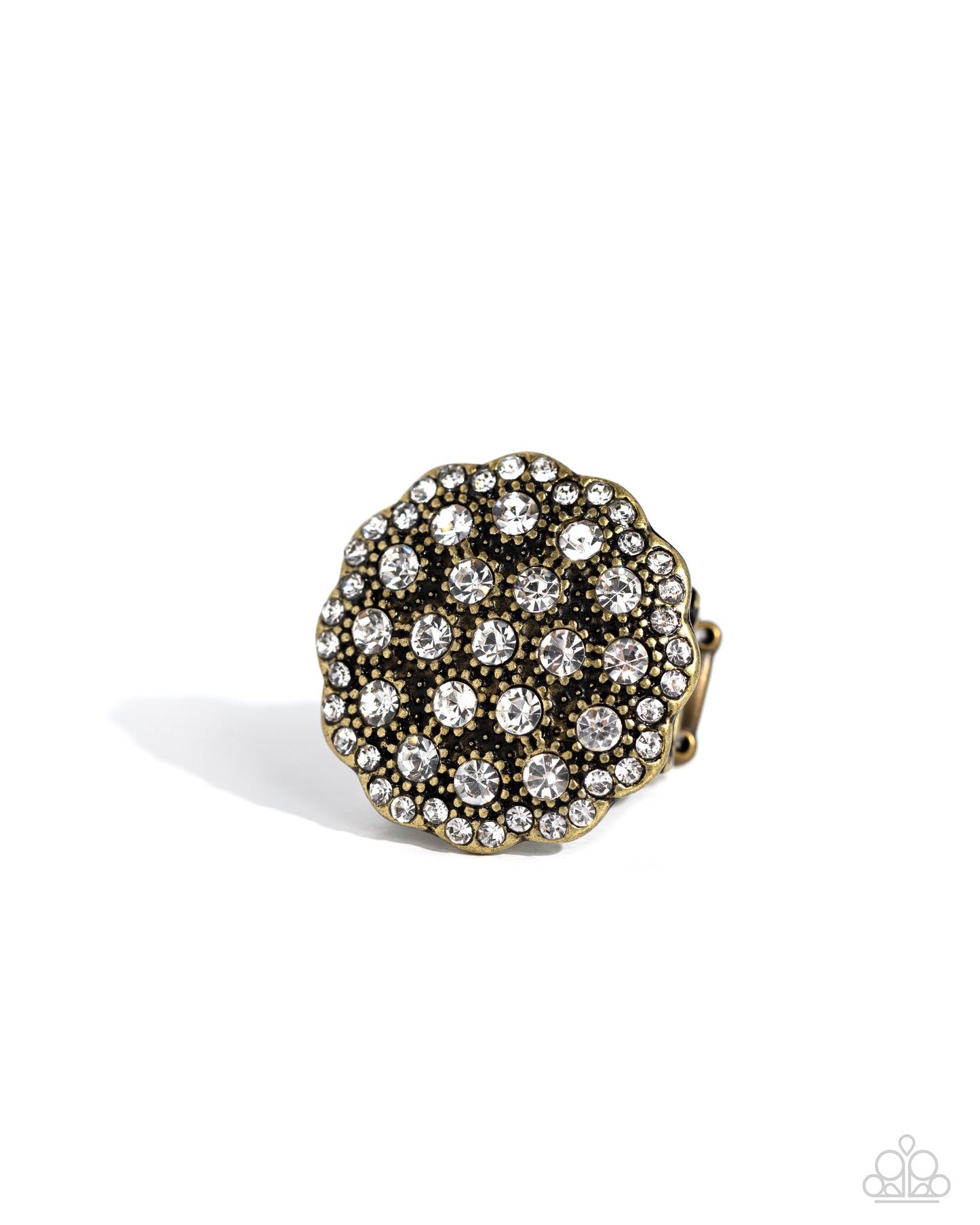 Blingy Bouquet - Brass & White Rhinestone Floral Style Ring Paparazzi R0705