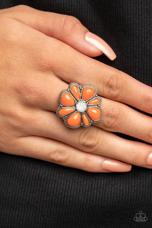 Meadow Mystique Orange Bead Opalescent Rhinestone Flower Ring Paparazzi R0647