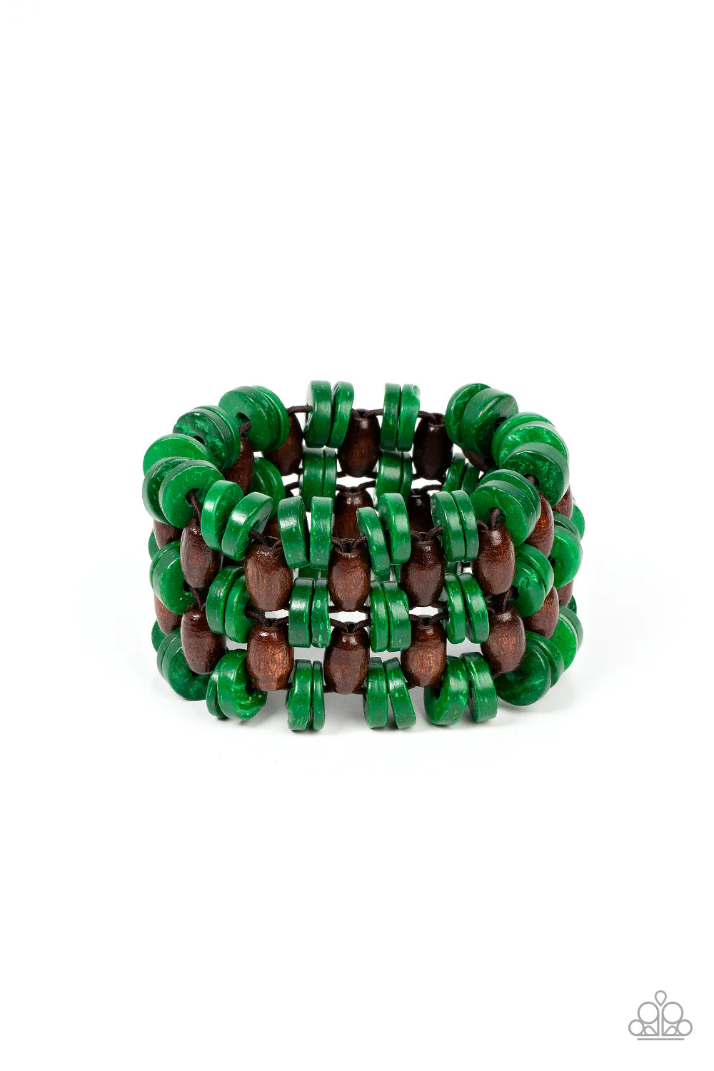 Paparazzi Galapagos Go-Getter - Green & Brown Wooden Bead Stretch Bracelet B2687