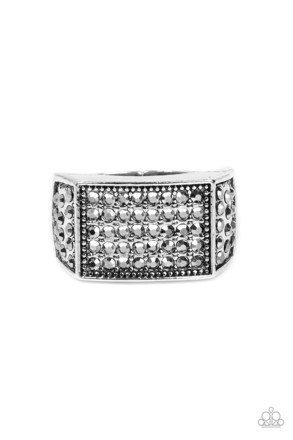 Metro Merger Silver Hematite Rhinestone Men's Ring Paparazzi R0649