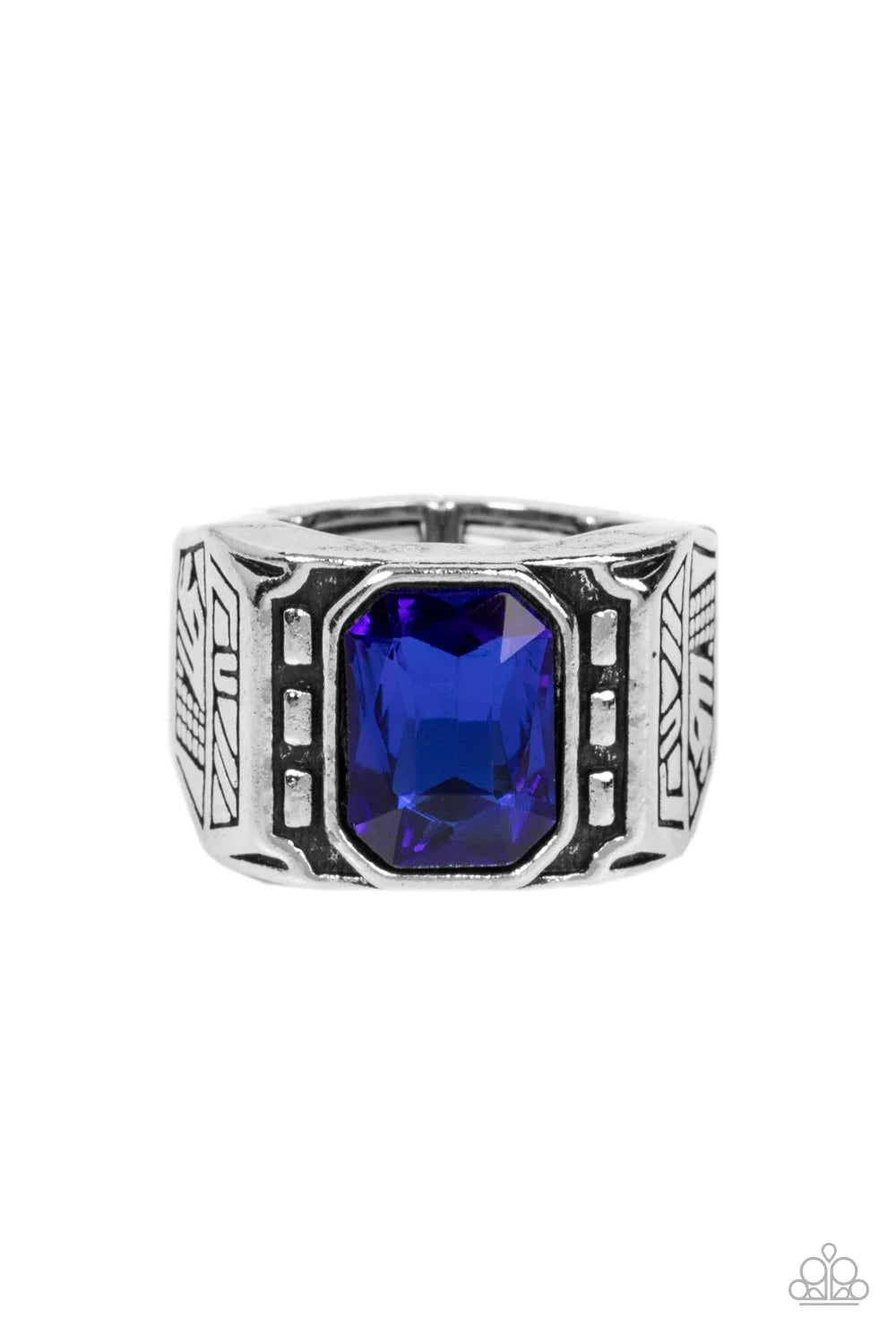 Metro Magnate Blue Emerald Cut Rhinestone Men's Ring Paparazzi R0651