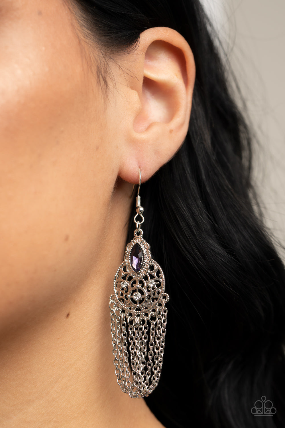 Pressed for CHIME - Purple Rhinestone Silver Filigree & Fringe Chain Earring Paparazzi E2963
