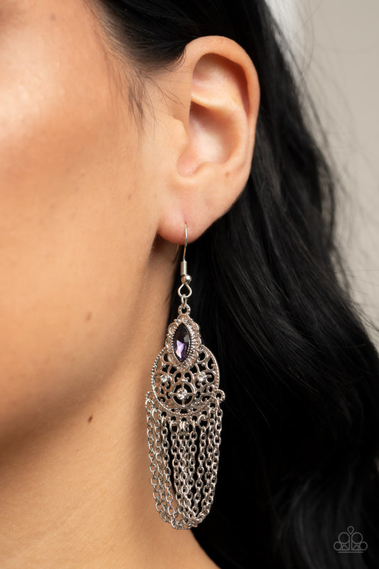 Pressed for CHIME - Purple Rhinestone Silver Filigree & Fringe Chain Earring Paparazzi E2963