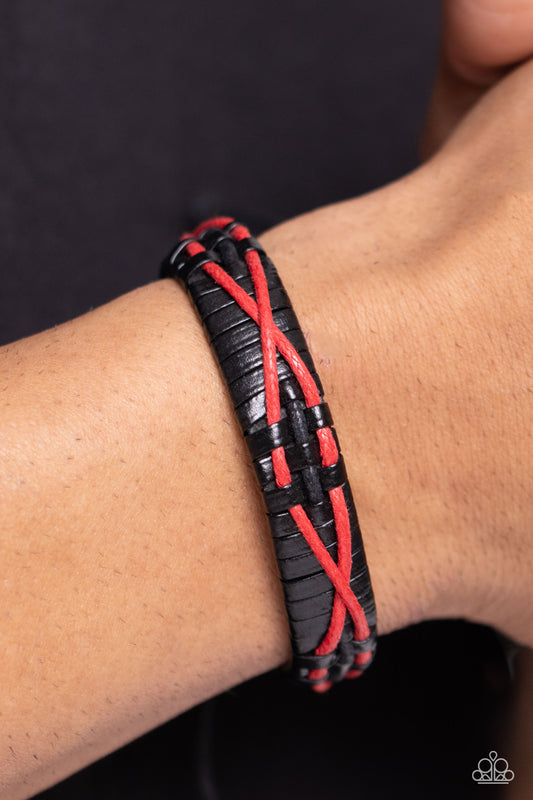 Change your ALTITUDE - Red Cords Black Leather Band Sliding Knot Closure Urban Bracelet Paparazzi B2270