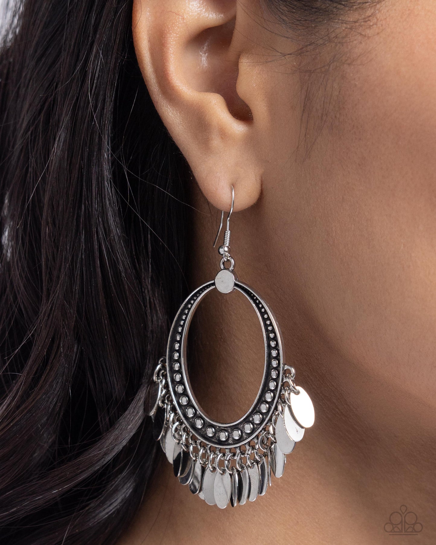 Homestead Hustle - Silver Studded Oval Rustic Fringe Santa Fe Style Earring Paparazzi E2272