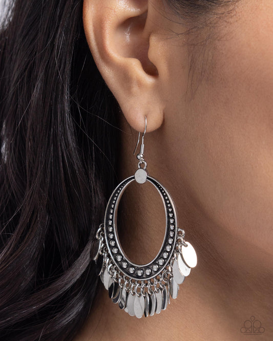 Homestead Hustle - Silver Studded Oval Rustic Fringe Santa Fe Style Earring Paparazzi E2272