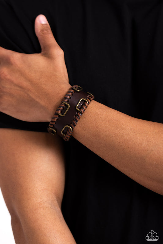 OUTLAW Enforcement - Brass & Brown Leather Urban Snap Bracelet Paparazzi B2079