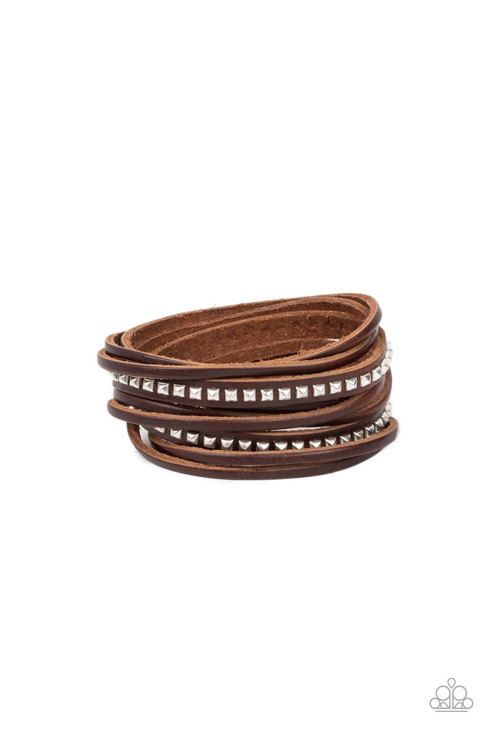 Studded Sensation - Brown Leather Silver Stud Double Wrap Bracelet Paparazzi B1661